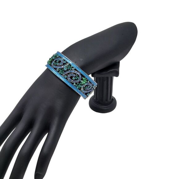 Blue Enamel Rhinestone Filagree Clamper Bangle Bracelet Flower Sparkle Glam 6.5" - Picture 8 of 9